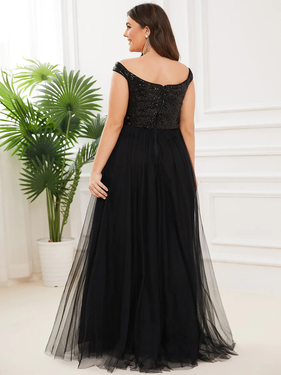 Plus Size High Waist Tulle & Sequin Sleeveless Evening Dress - CALABRO®