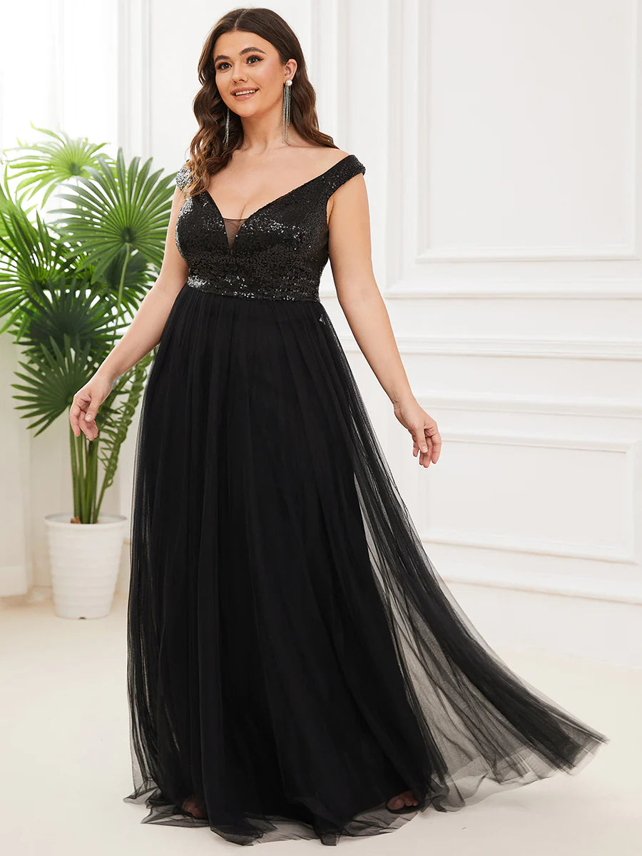 Plus Size High Waist Tulle & Sequin Sleeveless Evening Dress - CALABRO®