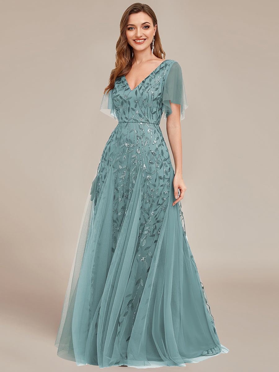 Deep V Neck Sequin Evening Gown With Short Sleeves - CALABRO®