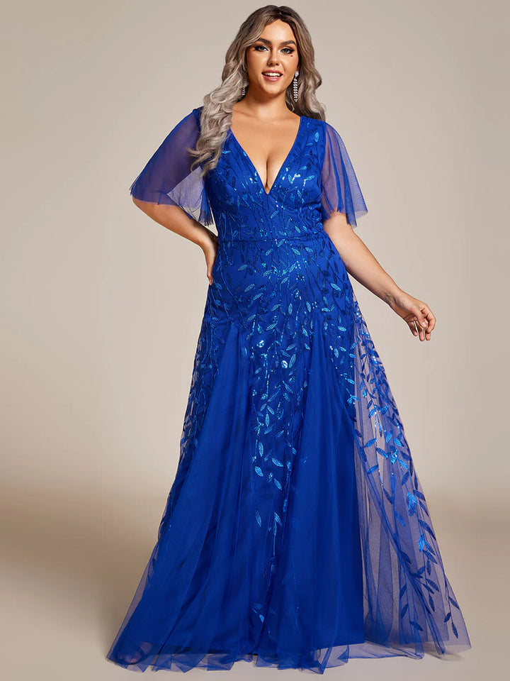 Plus Size Deep V Neck Sequin Evening Gown With Short Sleeves
