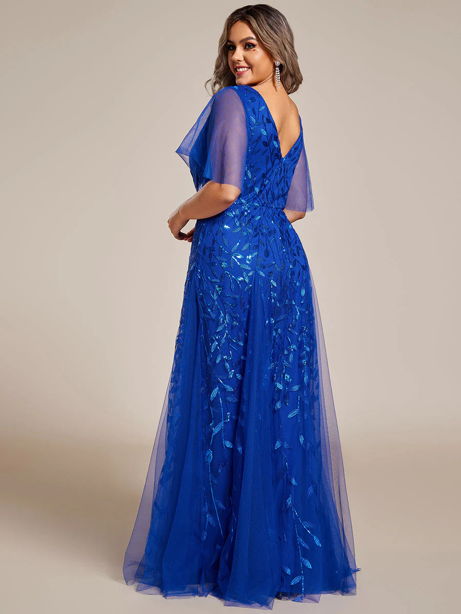 Plus Size Deep V Neck Sequin Evening Gown With Short Sleeves