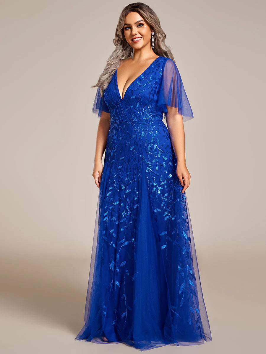 Plus Size Deep V Neck Sequin Evening Gown With Short Sleeves