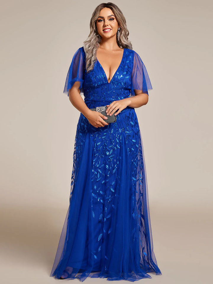 Plus Size Deep V Neck Sequin Evening Gown With Short Sleeves