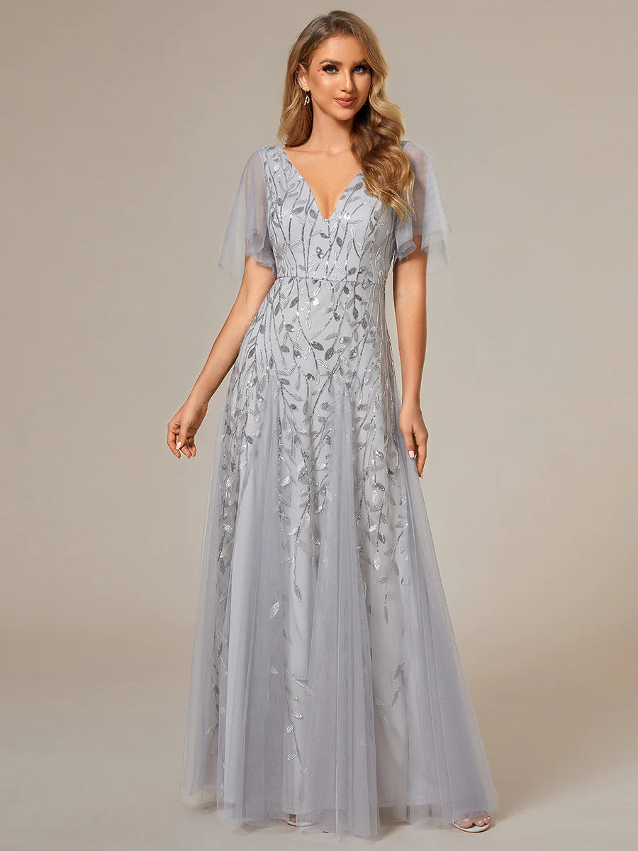 Deep V Neck Sequin Bridesmaid Dress With Short Sleeves - CALABRO®