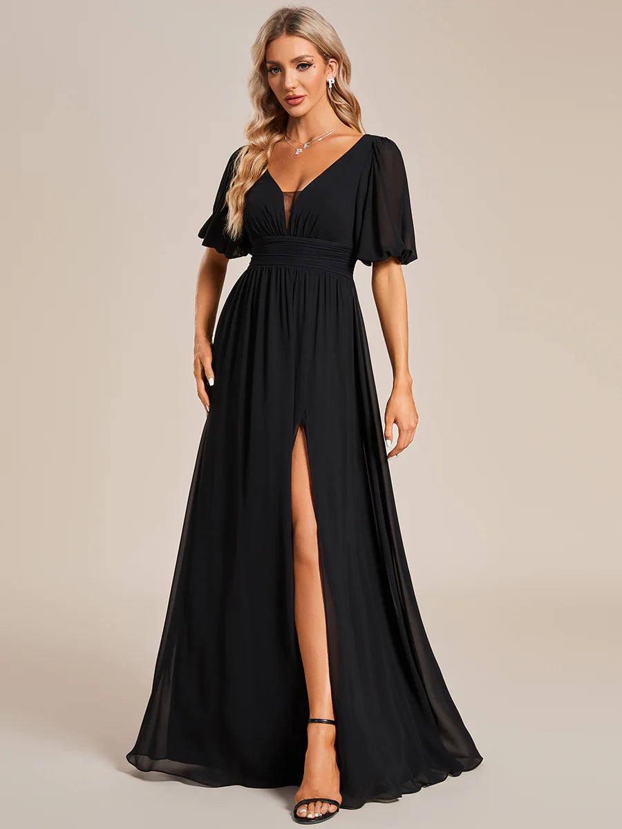 Short Balloon Sleeve Flowy Bridesmaid Dress - CALABRO®