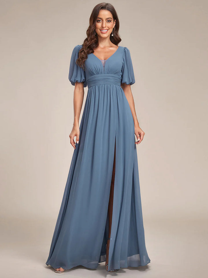 Short Balloon Sleeve Flowy Bridesmaid Dress - CALABRO®