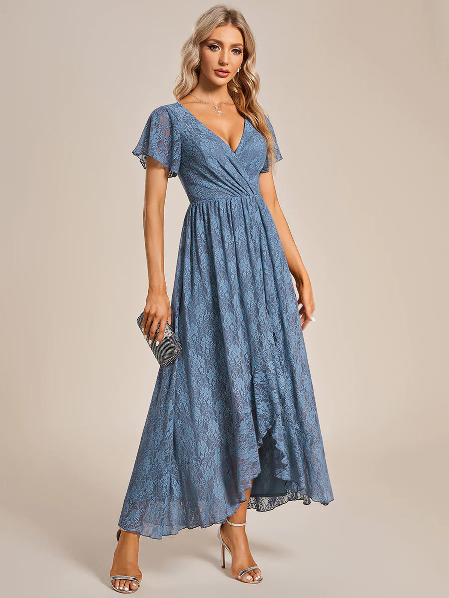 Deep V Neck Short See Through Sleeves A Line Bridesmaid Dress - CALABRO®