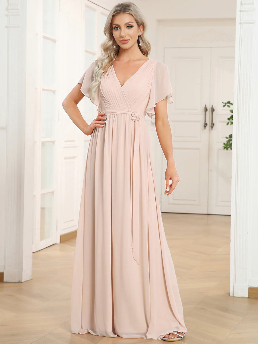 Butterfly Sleeve V-Neck Flowy Bridesmaid Dress - CALABRO®