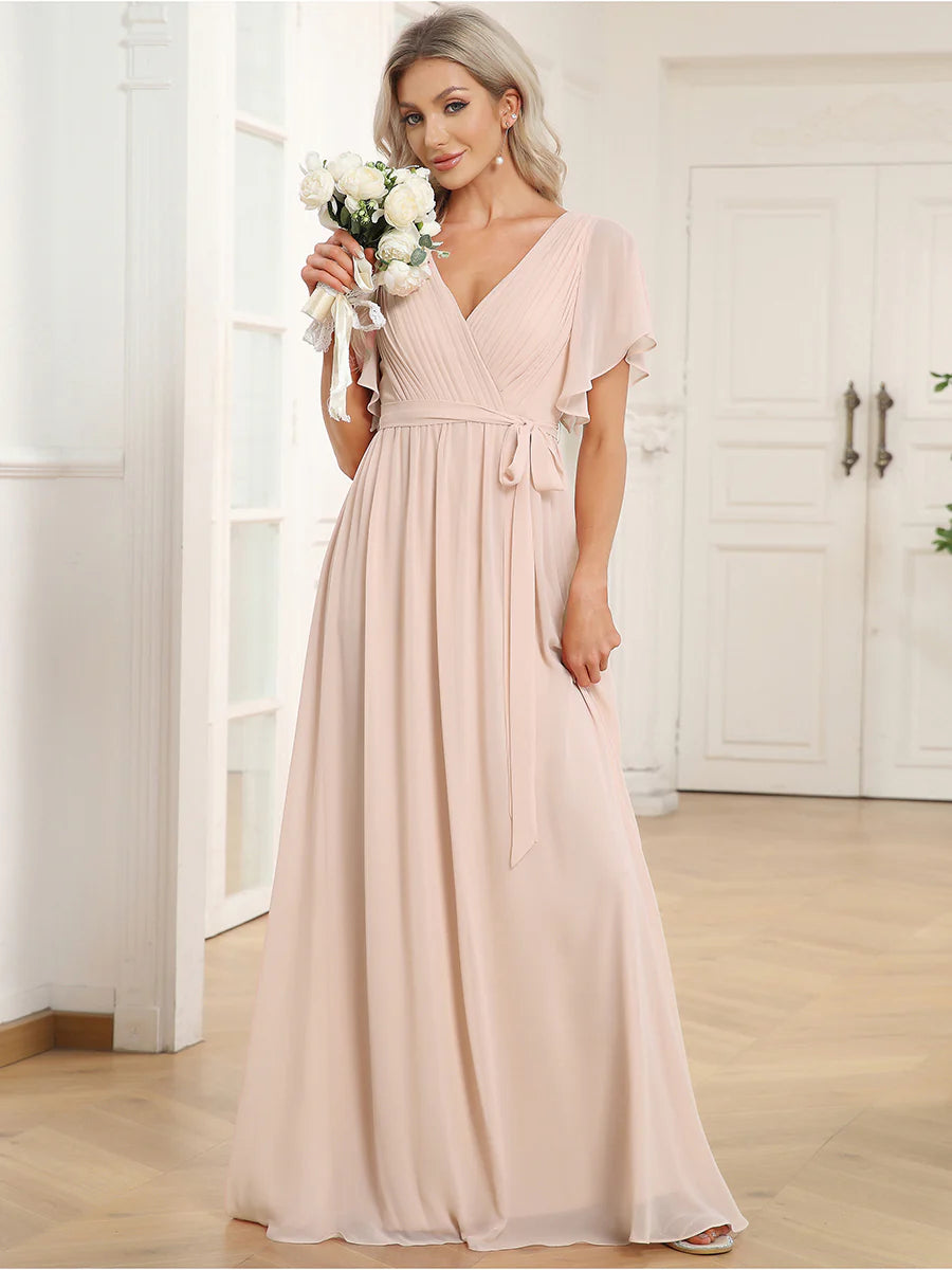 Butterfly Sleeve V-Neck Flowy Bridesmaid Dress - CALABRO®