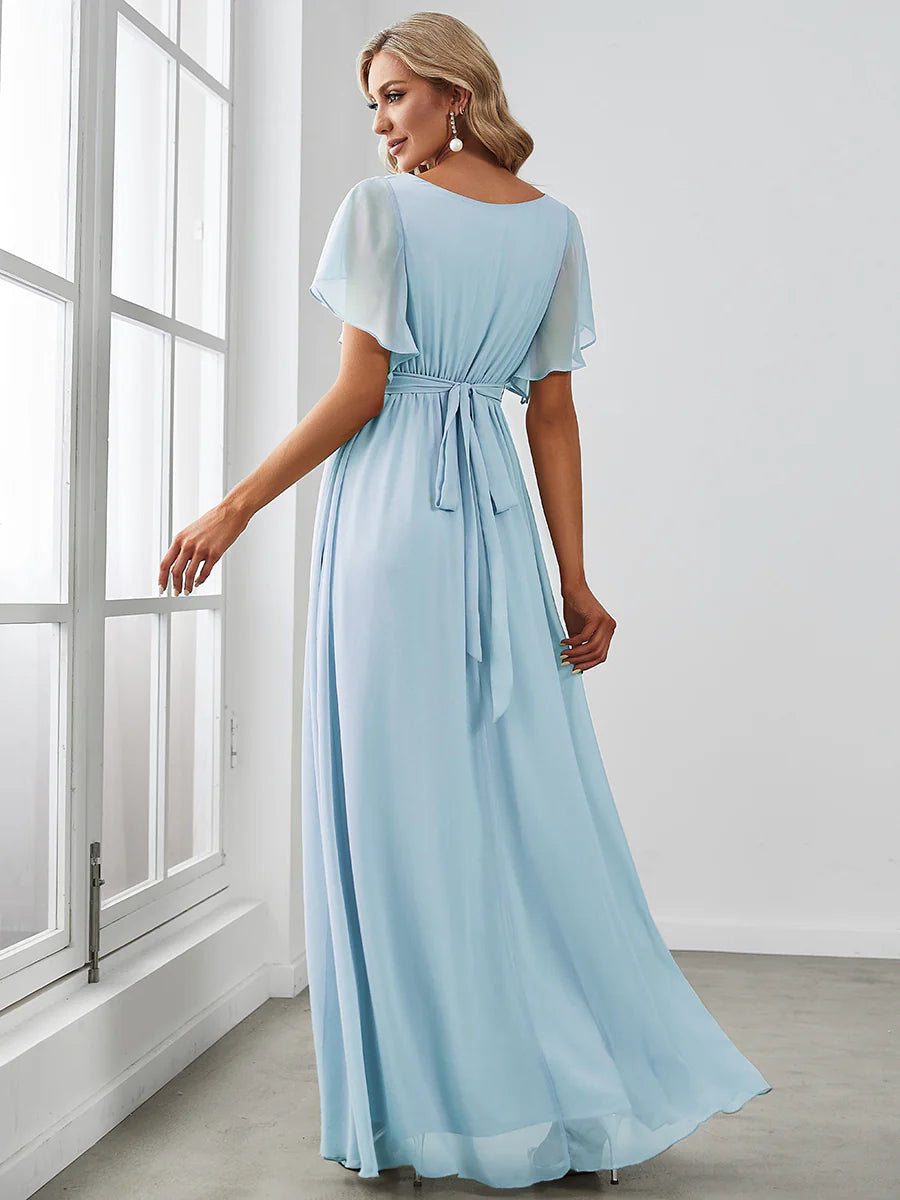 A Line Bridesmaid Dresses with Deep V Neck Ruffles Sleeves