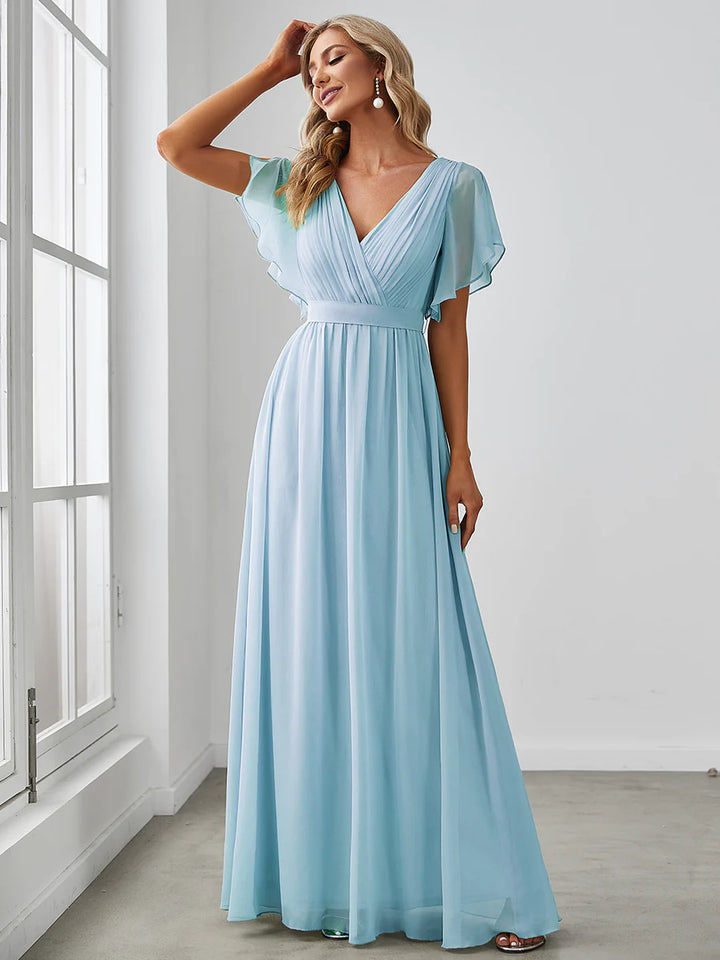 A Line Bridesmaid Dresses with Deep V Neck Ruffles Sleeves