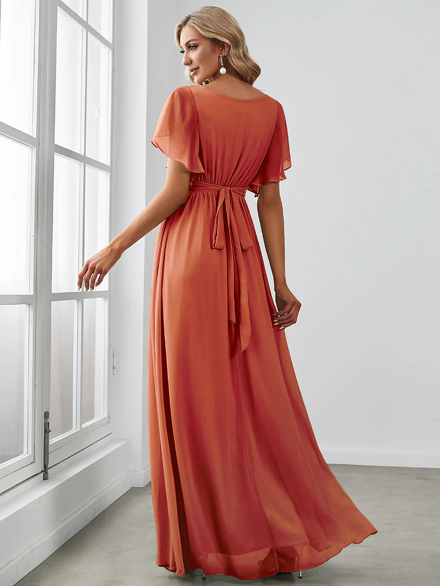 A Line Bridesmaid Dresses with Deep V Neck Ruffles Sleeves