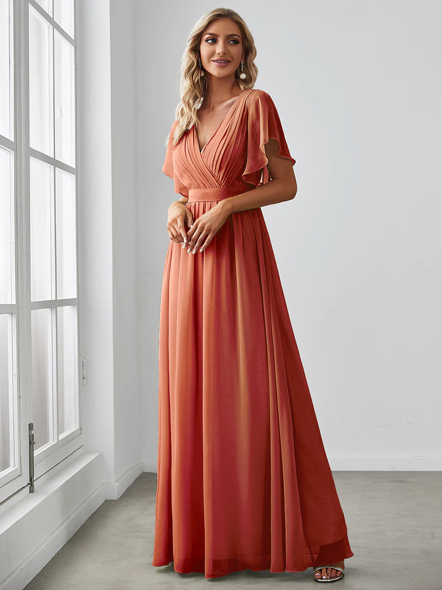 Butterfly Sleeve V-Neck Flowy Bridesmaid Dress - CALABRO®