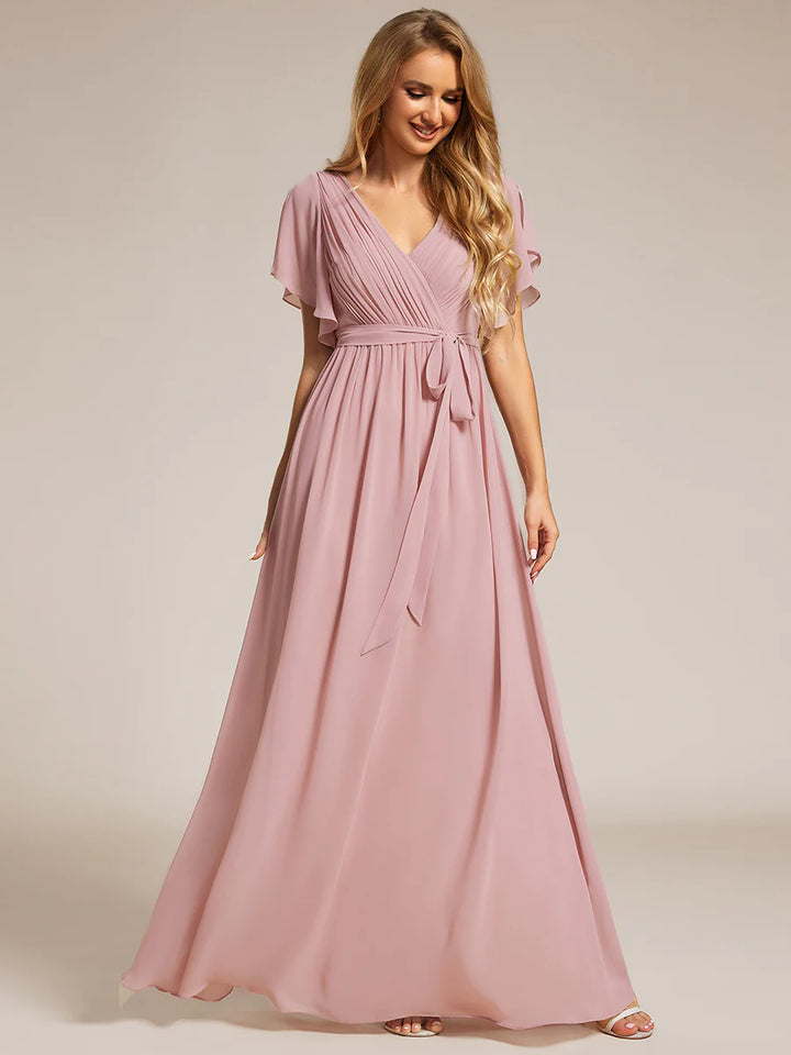 Butterfly Sleeve V-Neck Flowy Bridesmaid Dress - CALABRO®