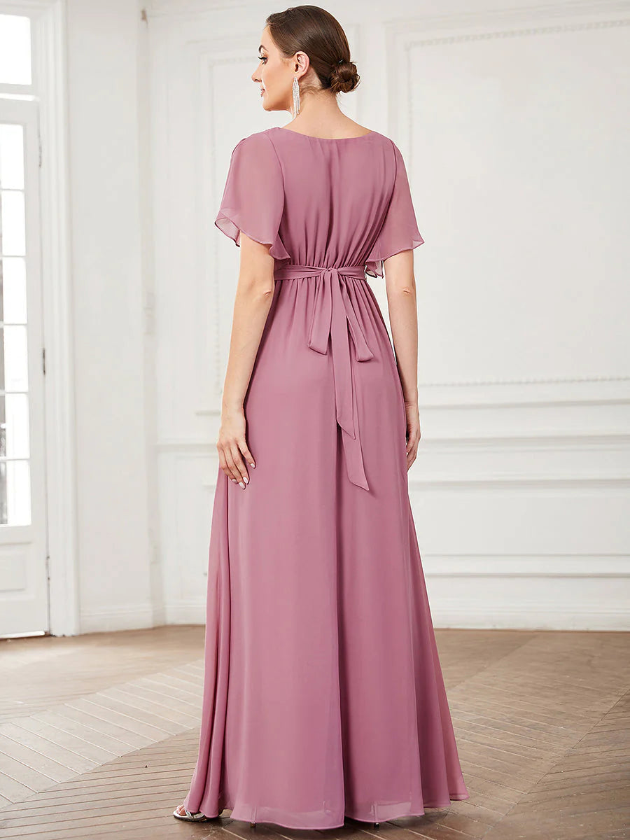 A Line Evening Dresses with Deep V Neck Ruffles Sleeves