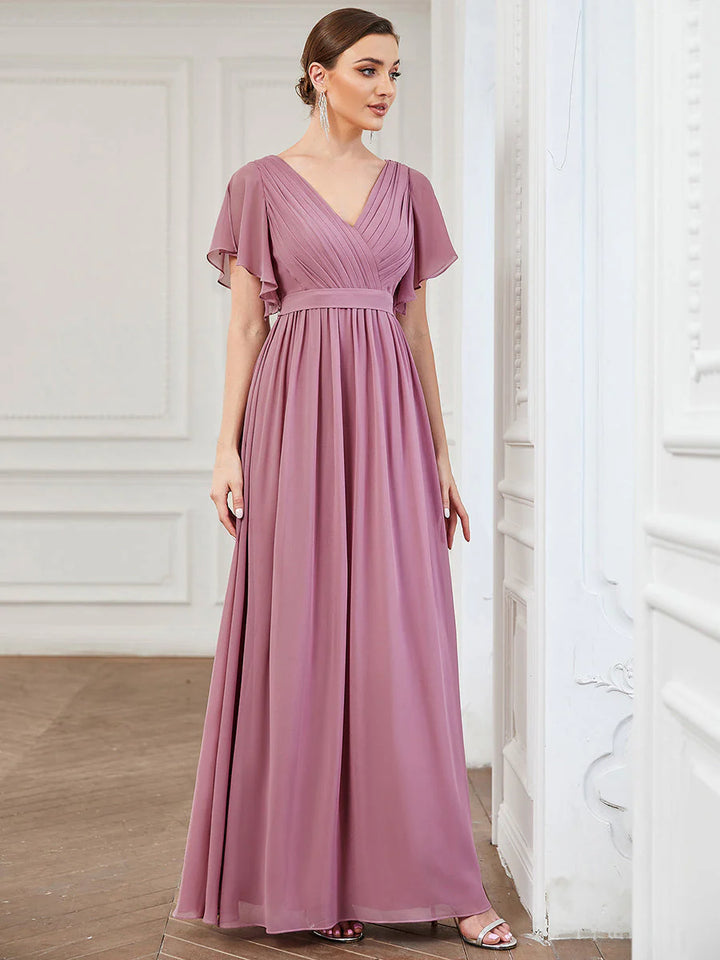 A Line Evening Dresses with Deep V Neck Ruffles Sleeves