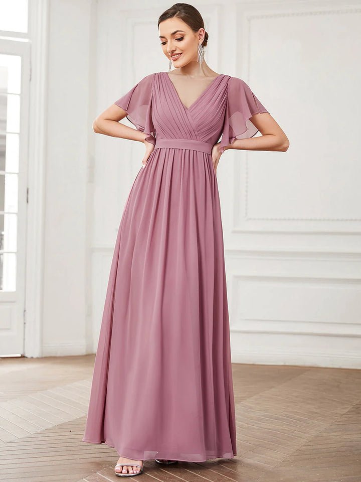 A Line Evening Dresses with Deep V Neck Ruffles Sleeves