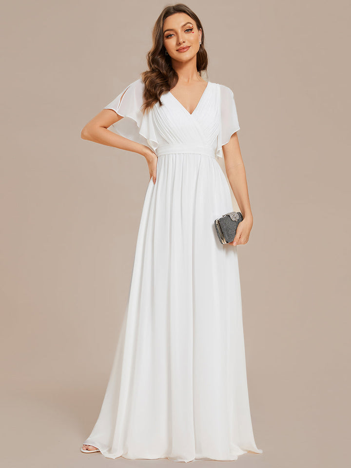 Deep V Neck Chiffon Wedding Gown With Short Sleeves - CALABRO®