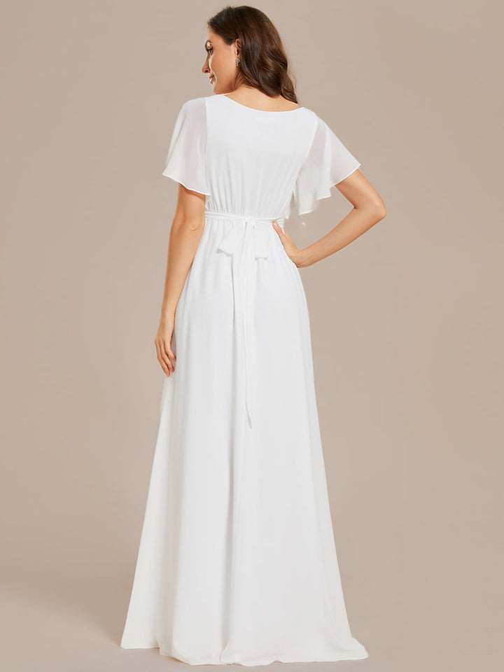 Deep V Neck Chiffon Wedding Gown With Short Sleeves - CALABRO®