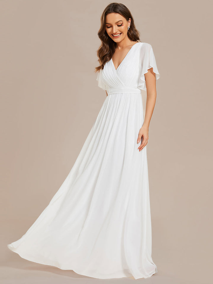 Deep V Neck Chiffon Wedding Gown With Short Sleeves - CALABRO®