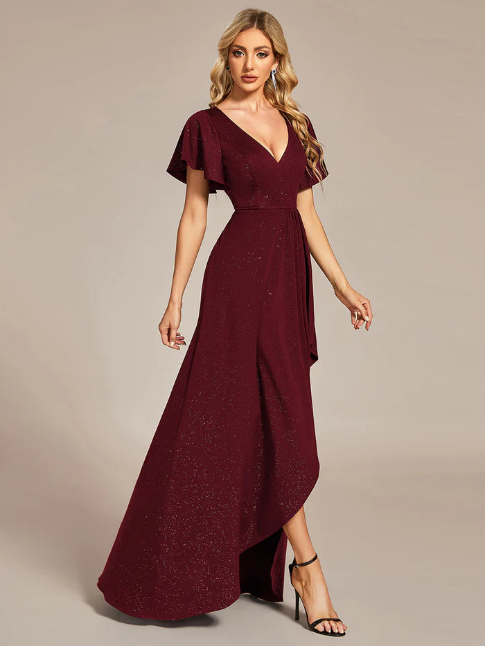 Tea Length Split Shiny Bridesmaid Dress With Ruffle Sleeves - CALABRO®