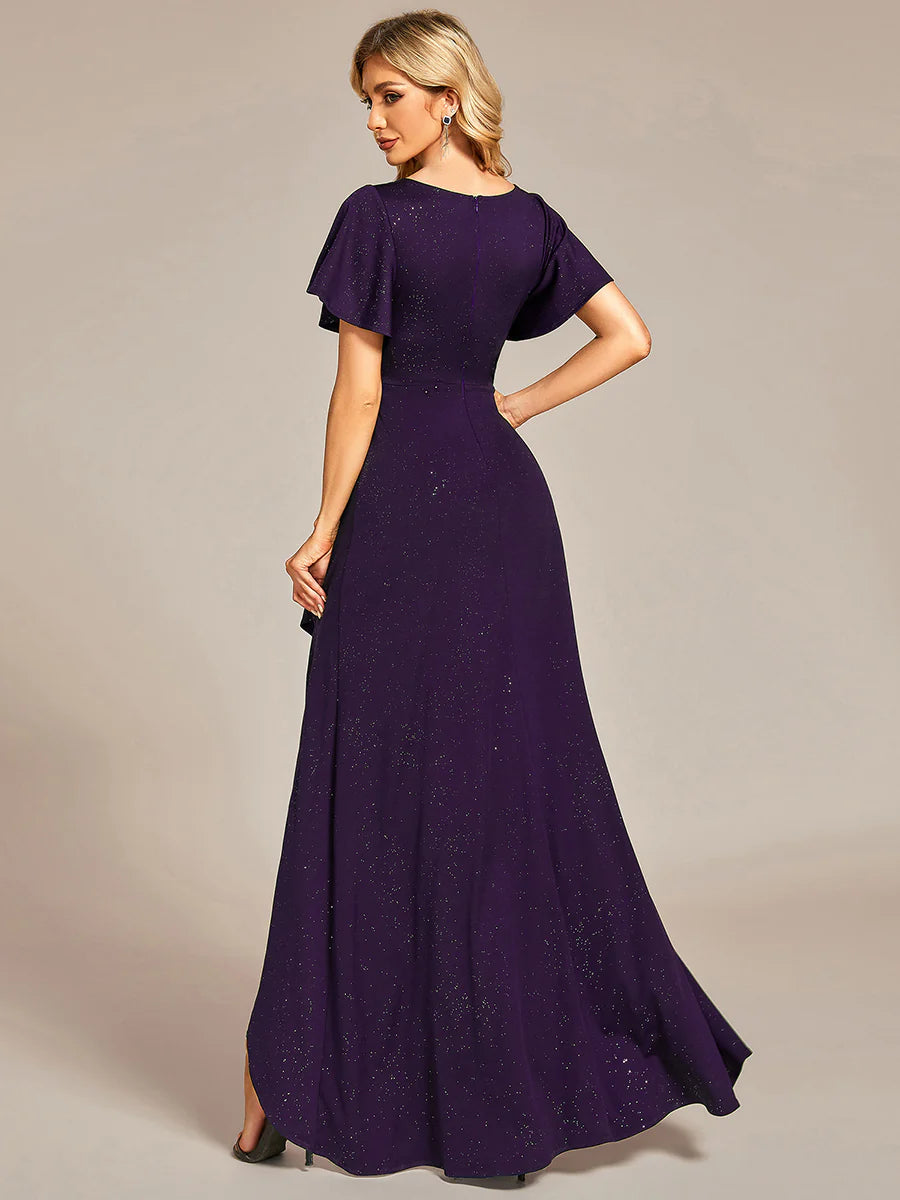 Tea Length Split Shiny Bridesmaid Dress With Ruffle Sleeves - CALABRO®