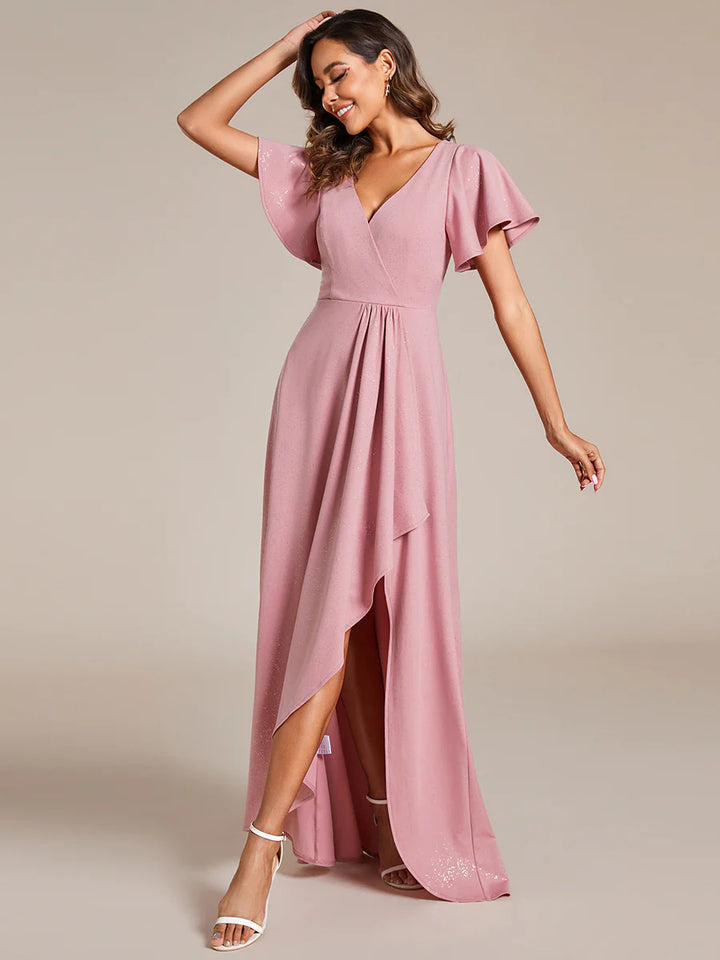 Shiny Tea Length Split Evening Dresses With Ruffle Sleeves - CALABRO®