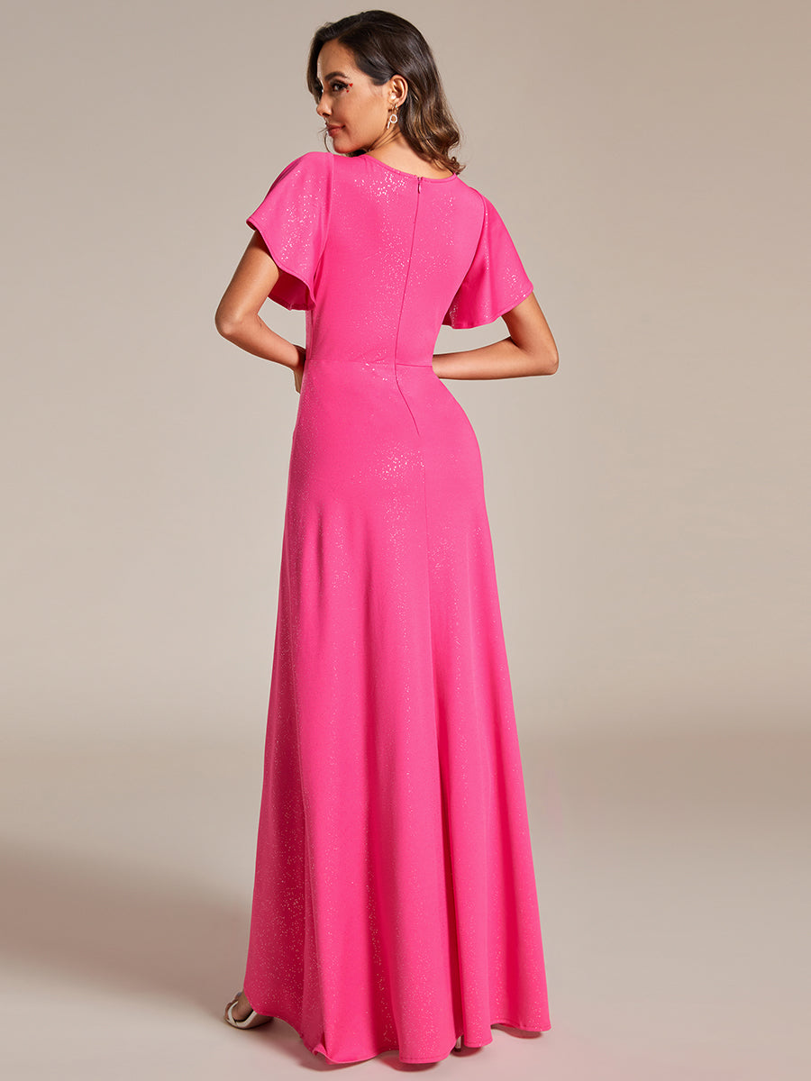 Shiny Tea Length Split Evening Dresses With Ruffle Sleeves - CALABRO®