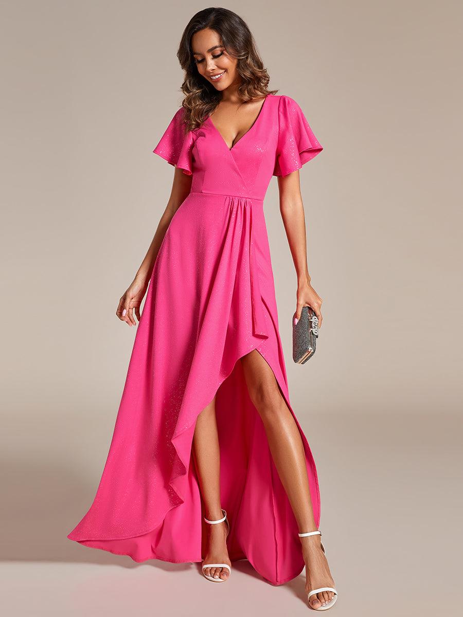 Shiny Tea Length Split Evening Dresses With Ruffle Sleeves - CALABRO®