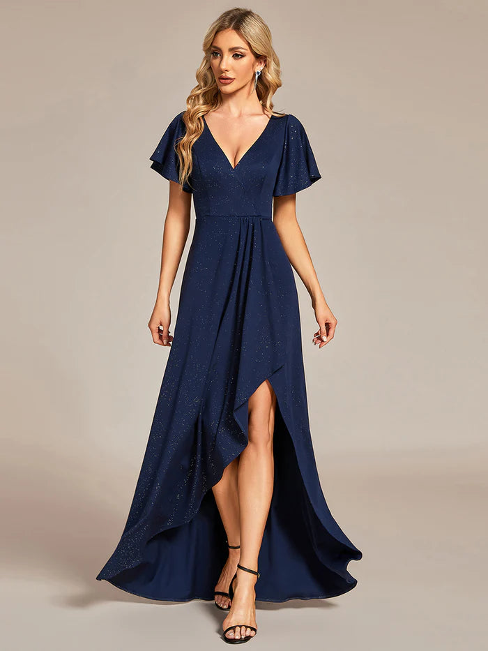 Tea Length Split Shiny Bridesmaid Dress With Ruffle Sleeves - CALABRO®