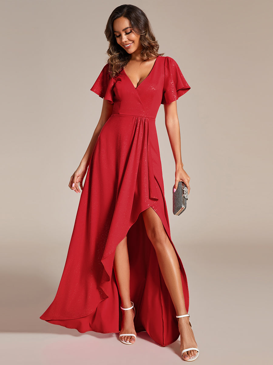 Shiny Tea Length Split Evening Dresses With Ruffle Sleeves - CALABRO®