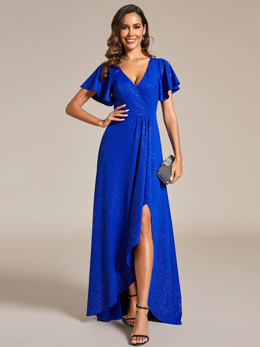 Shiny Tea Length Split Evening Dresses With Ruffle Sleeves - CALABRO®