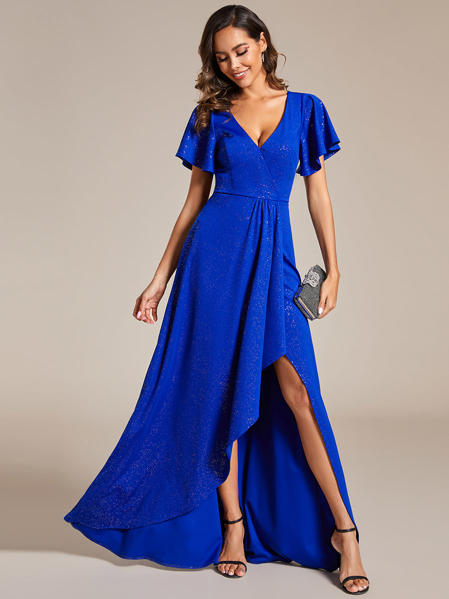 Shiny Tea Length Split Evening Dresses With Ruffle Sleeves - CALABRO®