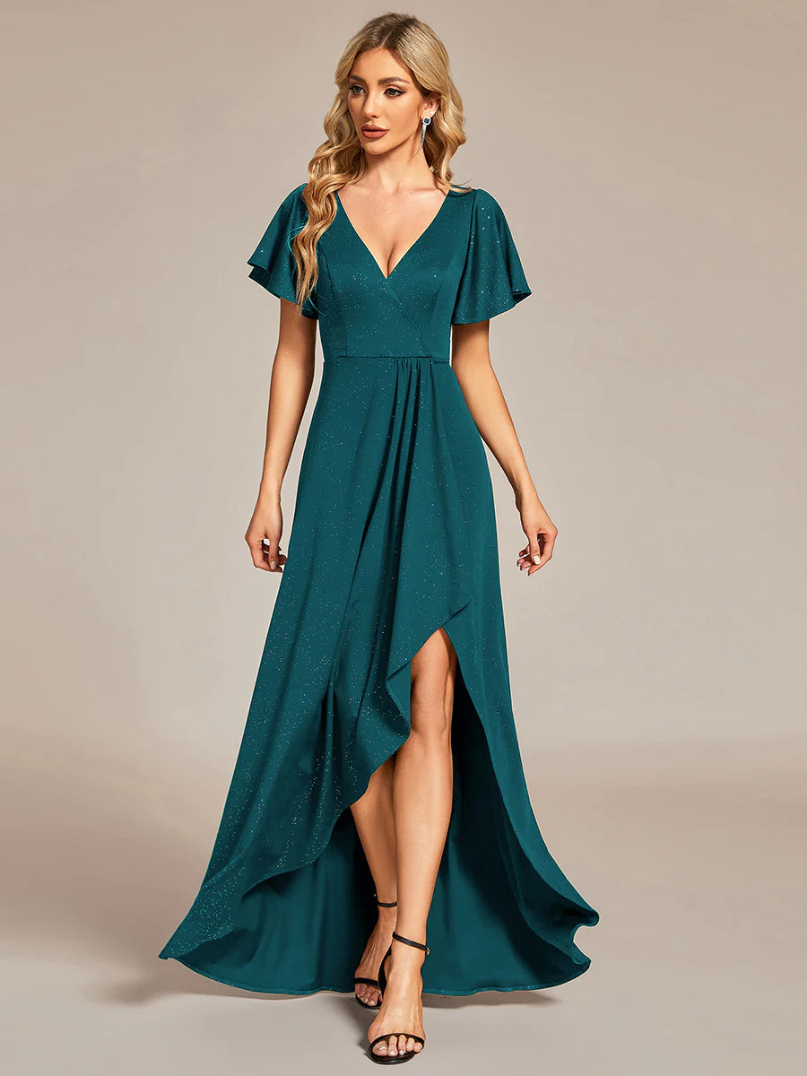 Tea Length Split Shiny Bridesmaid Dress With Ruffle Sleeves - CALABRO®