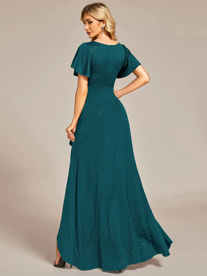 Tea Length Split Shiny Bridesmaid Dress With Ruffle Sleeves - CALABRO®