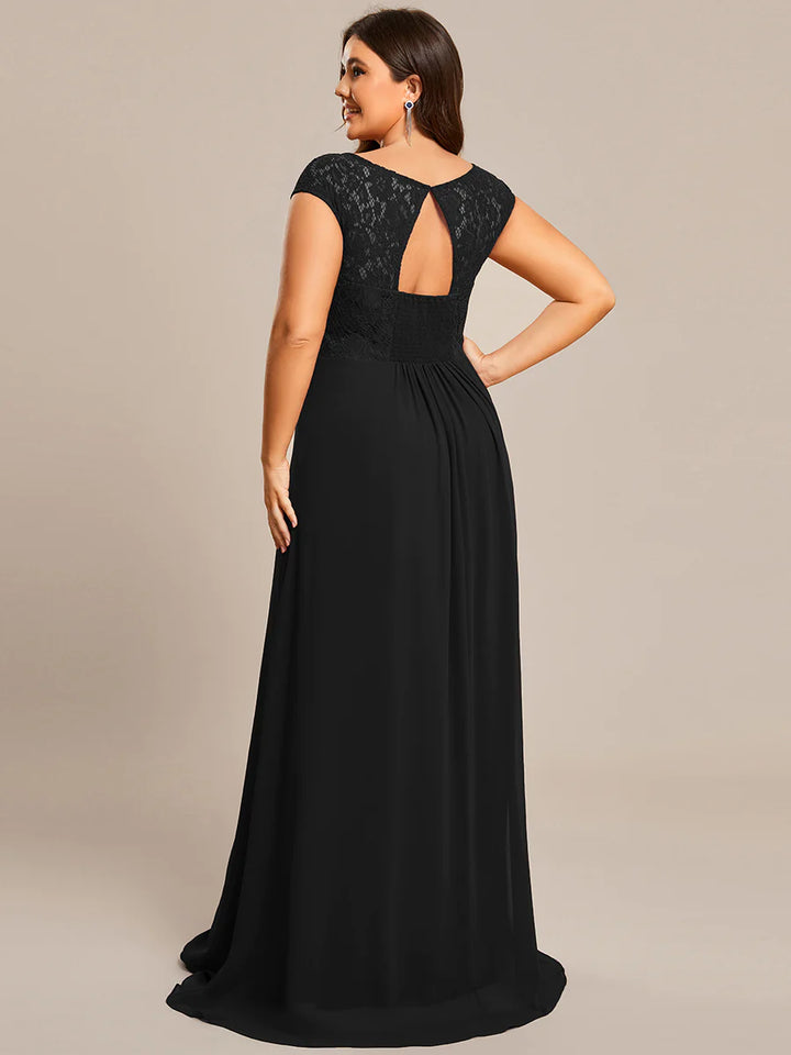 Cap Sleeve A Line Lace & Chiffon Plus Size Evening Dress - CALABRO®