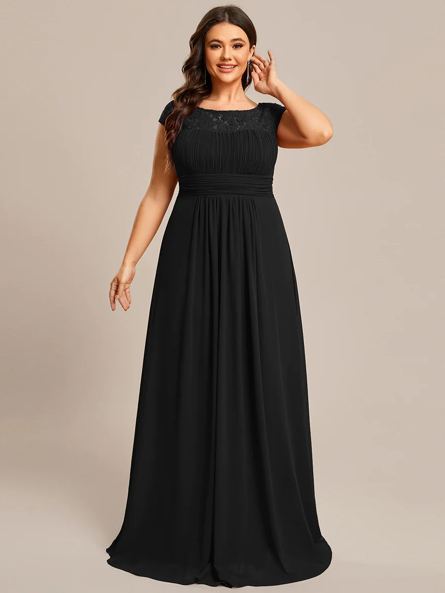 Cap Sleeve A Line Lace & Chiffon Plus Size Evening Dress - CALABRO®