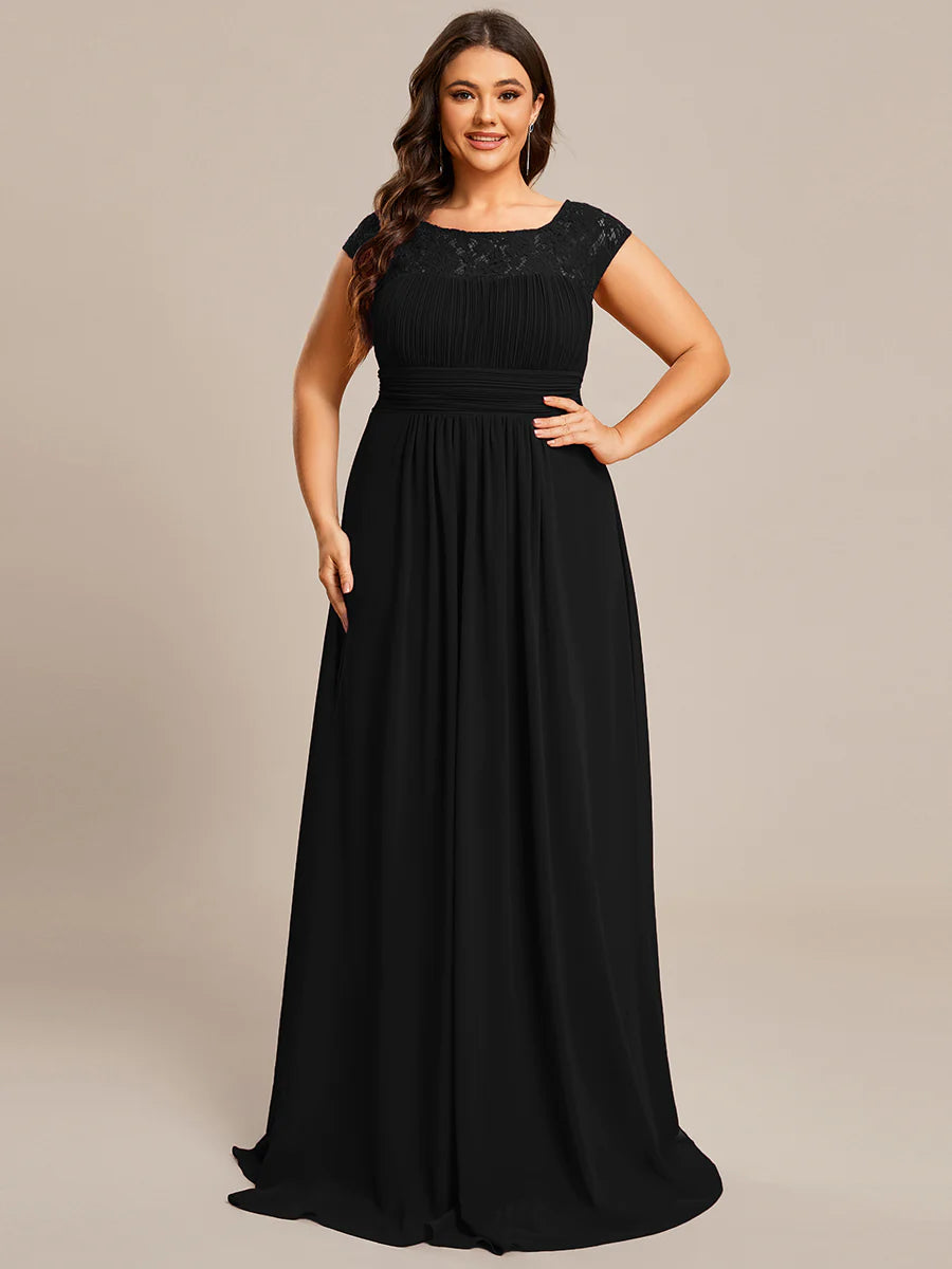 Cap Sleeve A Line Lace & Chiffon Plus Size Evening Dress - CALABRO®