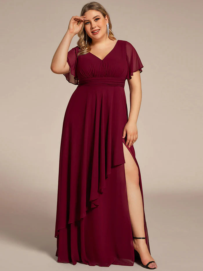 Plus Side Split V Neck Ruched Chiffon Evening Dresses - CALABRO®