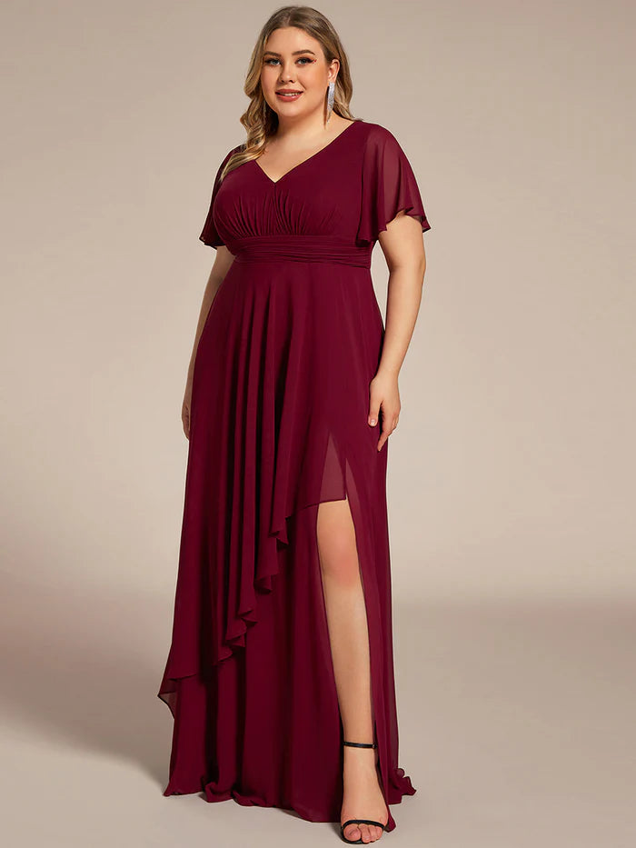 Plus Side Split V Neck Ruched Chiffon Evening Dresses - CALABRO®