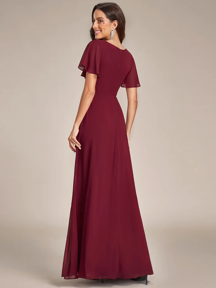 Side Split V Neck Ruched Chiffon Bridesmaid Dress - CALABRO®