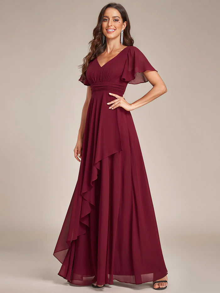 Side Split V Neck Ruched Chiffon Bridesmaid Dress - CALABRO®