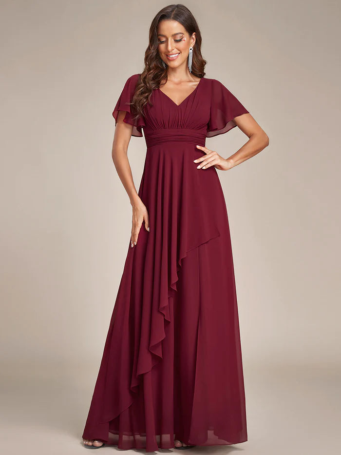 Side Split V Neck Ruched Chiffon Bridesmaid Dress - CALABRO®