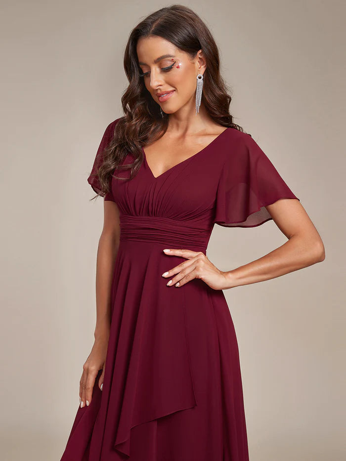 Side Split V Neck Ruched Chiffon Bridesmaid Dress - CALABRO®