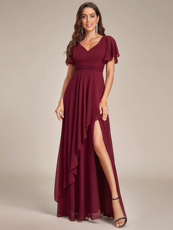 Side Split V Neck Ruched Chiffon Bridesmaid Dress - CALABRO®