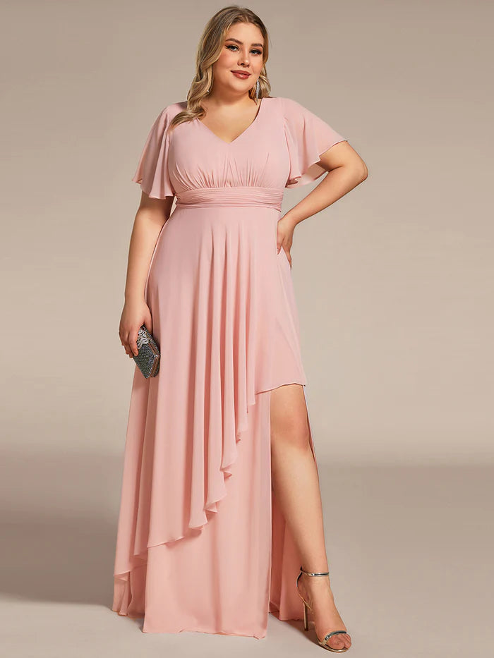 Plus Side Split V Neck Ruched Chiffon Evening Dresses - CALABRO®