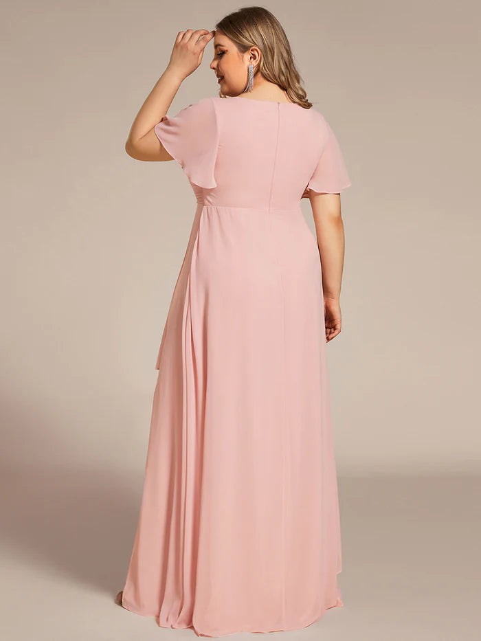 Plus Side Split V Neck Ruched Chiffon Evening Dresses - CALABRO®