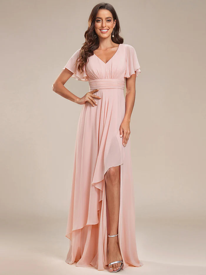 Side Split V Neck Ruched Chiffon Bridesmaid Dress - CALABRO®