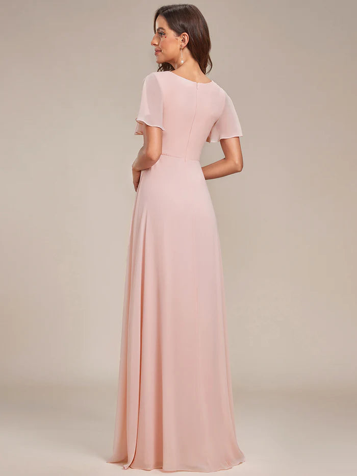 Side Split V Neck Ruched Chiffon Bridesmaid Dress - CALABRO®