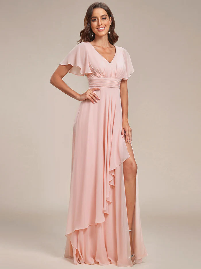 Side Split V Neck Ruched Chiffon Bridesmaid Dress - CALABRO®